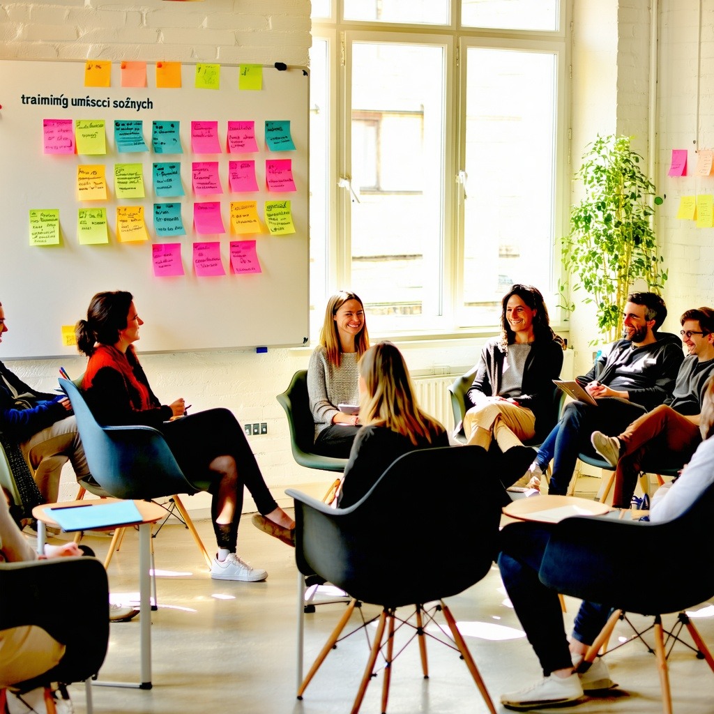 The image depicts a cozy welllit workshop space filled with comfortable chairs arranged in a circle In the center a small table holds notepads and pens suggesting an interactive session A large whiteboard is adorned with colorful postit notes illustr-1