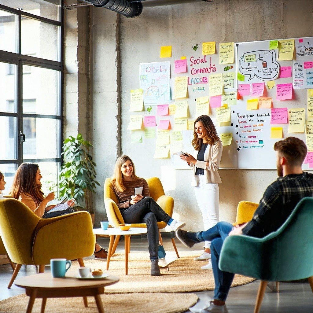 The image showcases a cozy welllit room designed for social skills workshops At the center a circle of comfortable chairs is arranged inviting participants to engage in discussions The walls are adorned with motivational posters that emphasize commun-1